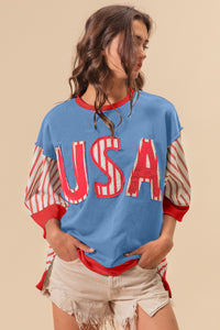 Thumbnail for BiBi USA Letter Patchwork Contrast Short Sleeve T-Shirt - T - 1 COLOR -