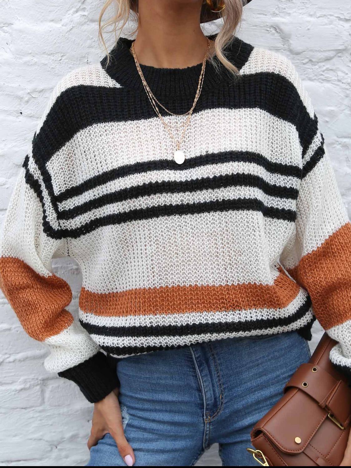 Contrast Striped Round Neck Long Sleeve Sweater - T - 1 COLOR -