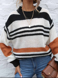 Thumbnail for Contrast Striped Round Neck Long Sleeve Sweater - T - 1 COLOR -