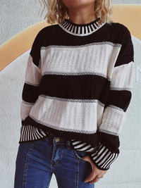 Thumbnail for Contrast Round Neck Long Sleeve Sweater - 1 OVERSIZE - T - 4 COLORS -