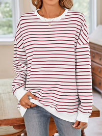 Thumbnail for Striped Round Neck Long Sleeve Sweatshirt - T - 6 COLORS -