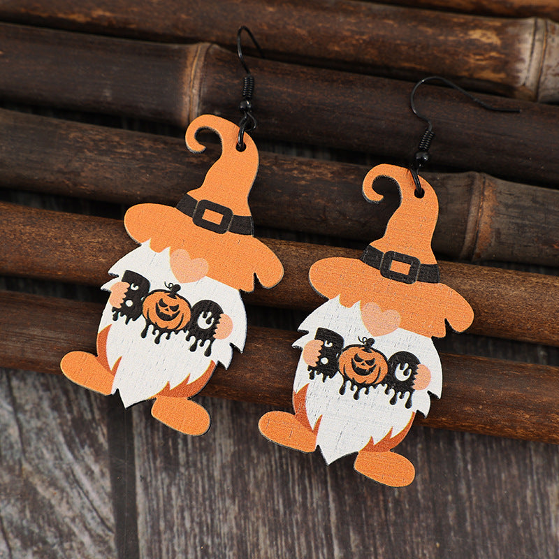 Wooden Gnome Pumpkin Dangle Earrings - T - 1 COLOR -