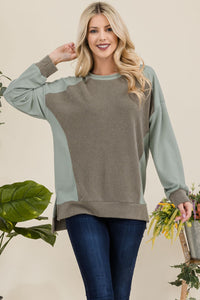 Thumbnail for Celeste High-Low Contrast Round Neck Sweatshirt - T - 1 COLOR -