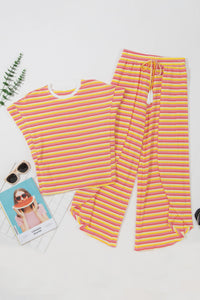 Thumbnail for Striped Round Neck Top and Drawstring Pants Set - 2 PCS. - T - 3 COLORS -