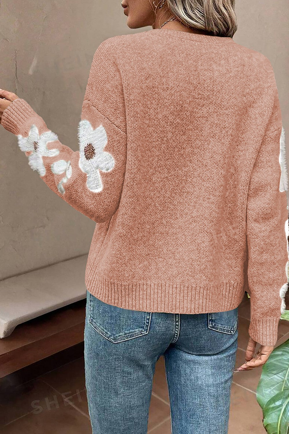 Flower Round Neck Long Sleeve Sweater - T - 5 COLORS -