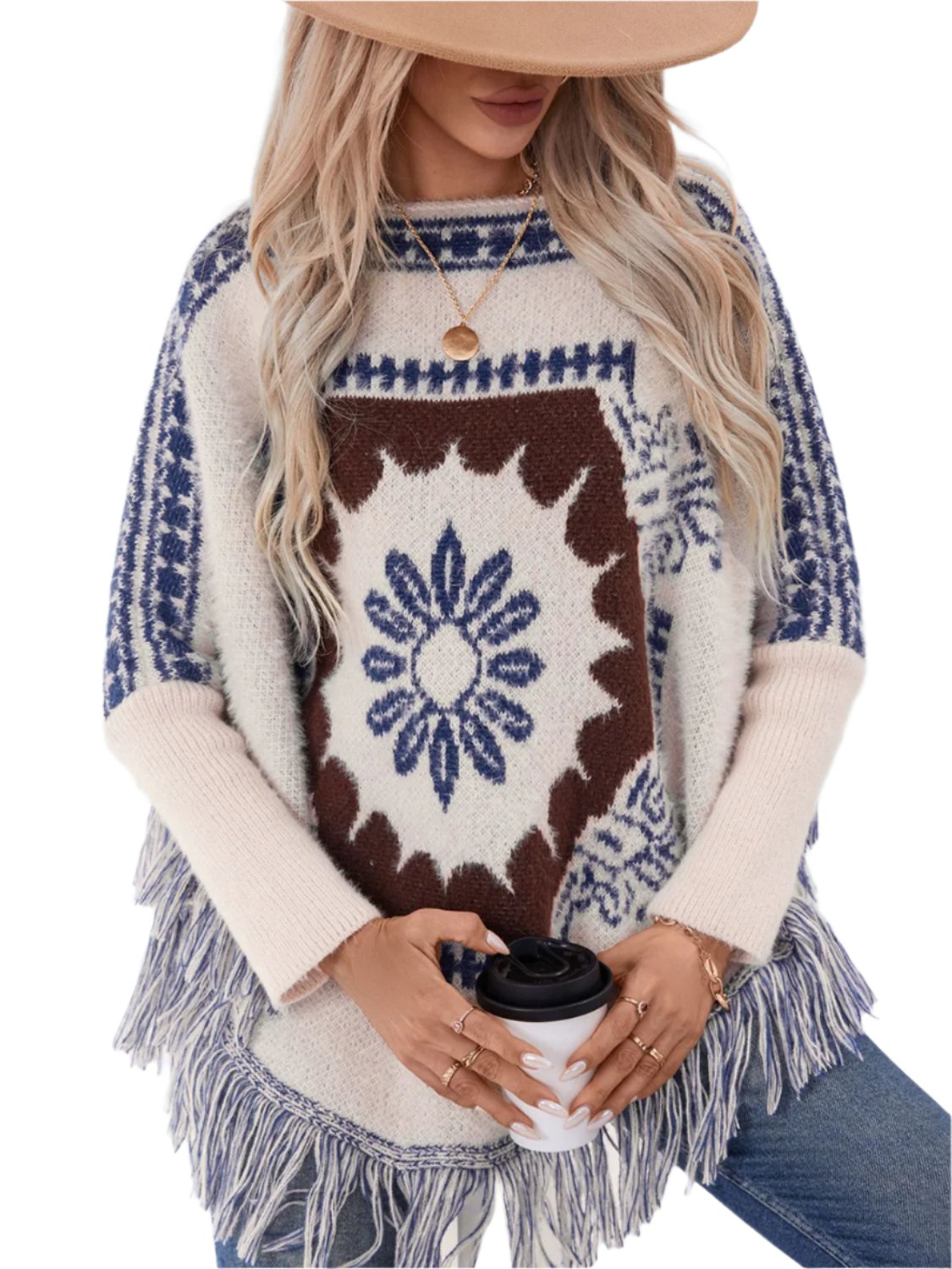 Fringe Geometric Long Sleeve Poncho - 1 SIZE - T - 2 COLORS -