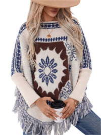 Thumbnail for Fringe Geometric Long Sleeve Poncho - 1 SIZE - T - 2 COLORS -