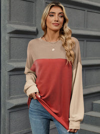 Thumbnail for Double Take Contrast Round Neck Long Sleeve T-Shirt - T - 9 COLORS -