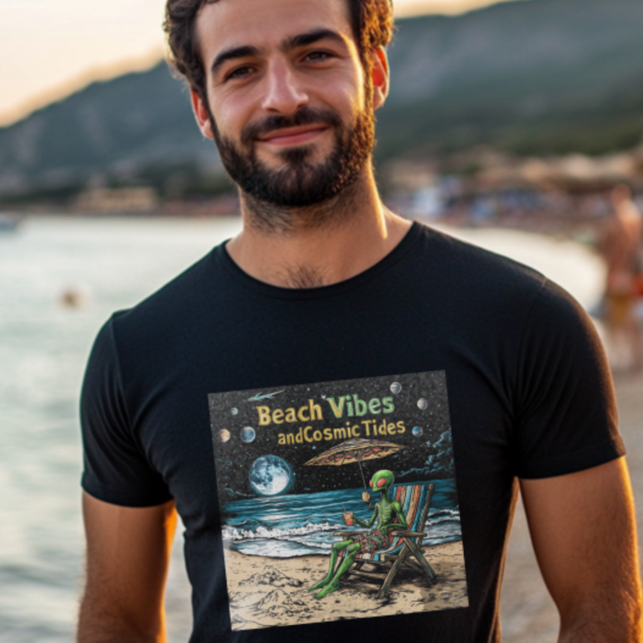 Beach VIbes and Cosmic Tides T-Shirt, Alien Tee, Beach T-Shirt - 2 COLORS -