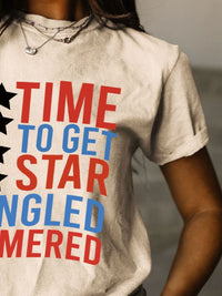 Thumbnail for Full Size - 'Time to get Star Spangle Hammered' Letter Graphic Round Neck Short Sleeve T-Shirt - T - 12 COLORS -