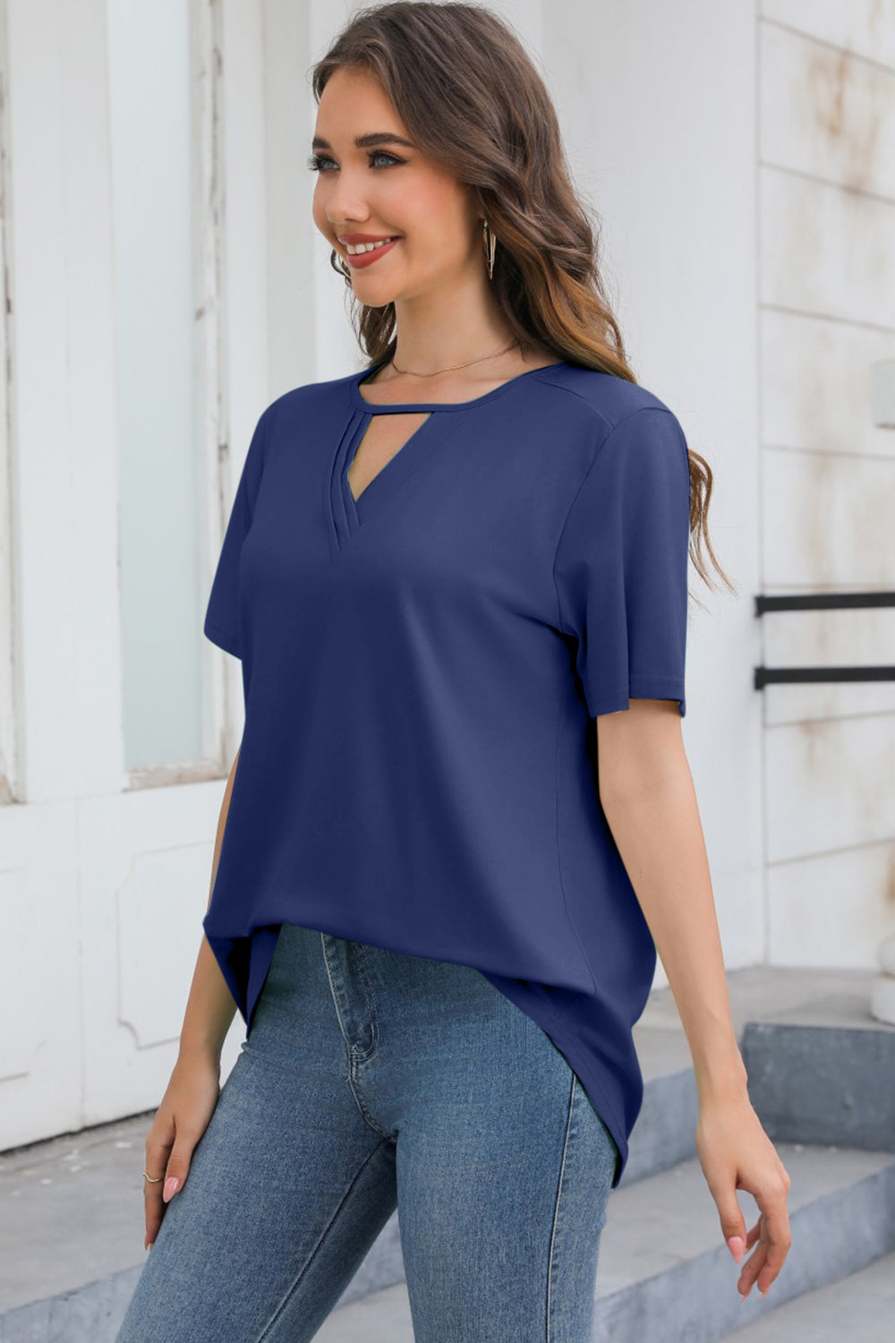 Cutout V-Neck Short Sleeve T-Shirt - T - 5 COLORS -