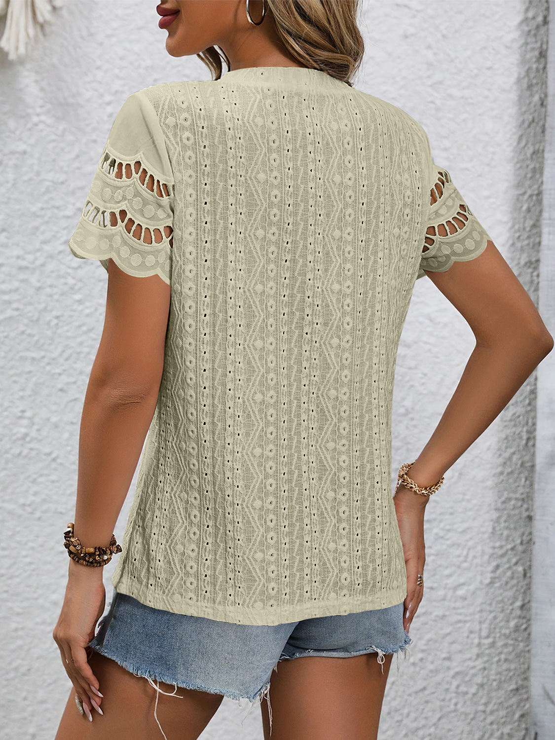 Full Size Eyelet Round Neck Short Sleeve Top - T - 11 COLORS -