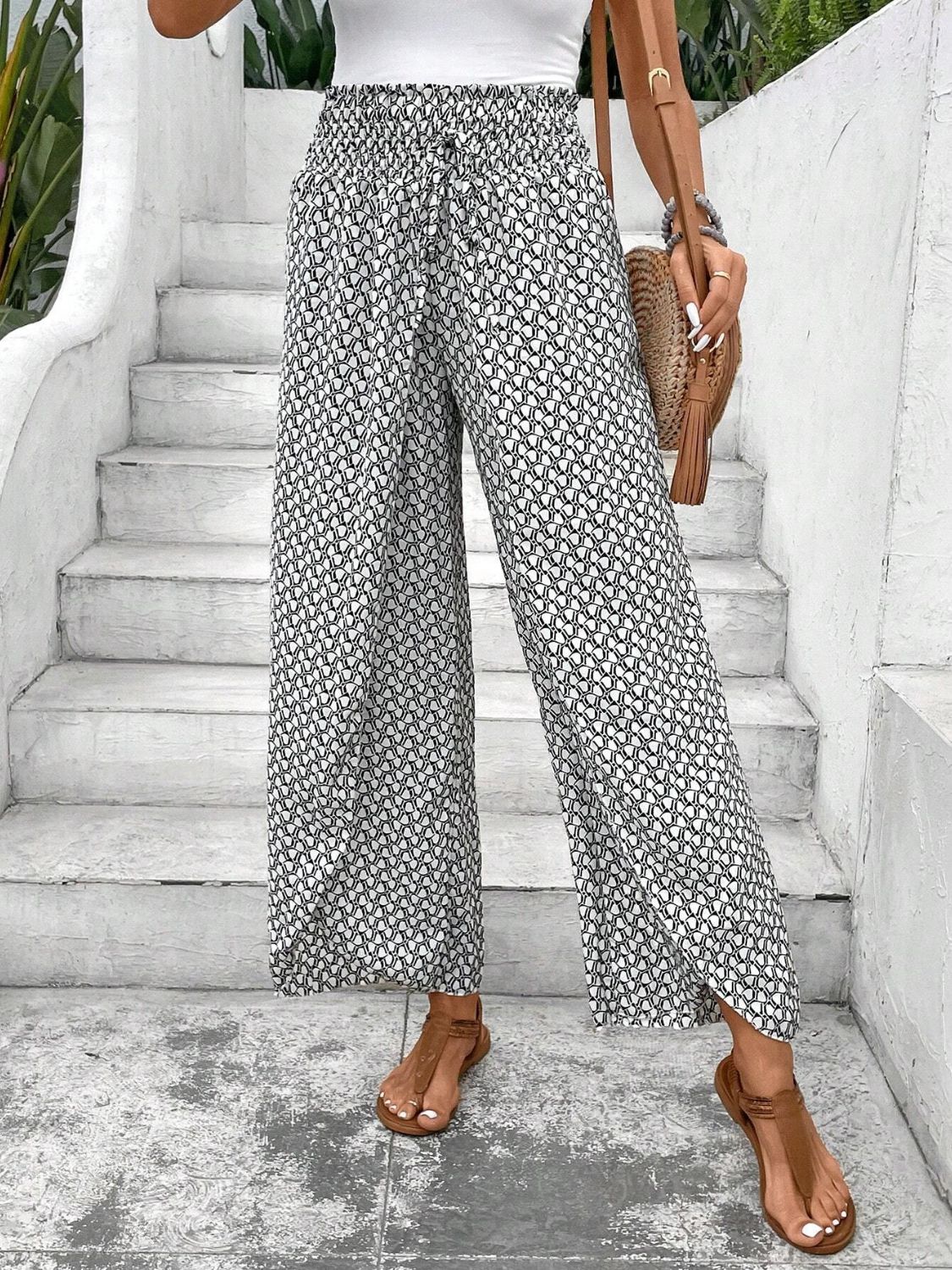 Tied Printed Wide Leg Pants - T - 5 COLORS -