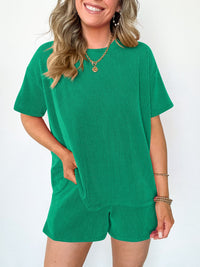 Thumbnail for Textured Round Neck Short Sleeve Top and Shorts Set - 2 PCS. - T - 4 COLORS -