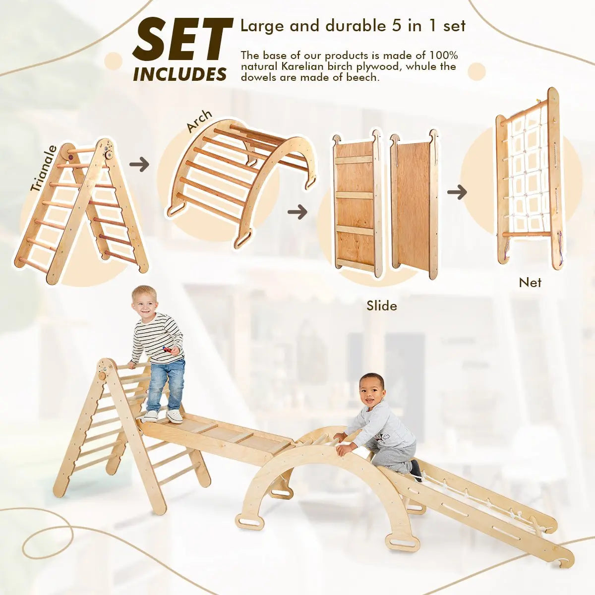 5 in 1 Montessori Climbing Frame Set: Triangle Ladder + Arch/Rocker + Slide Board/Ramp + Netting Rope + Cushion - 2 COLORS -