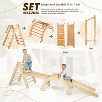 Thumbnail for 5 in 1 Montessori Climbing Frame Set: Triangle Ladder + Arch/Rocker + Slide Board/Ramp + Netting Rope + Cushion - 2 COLORS -