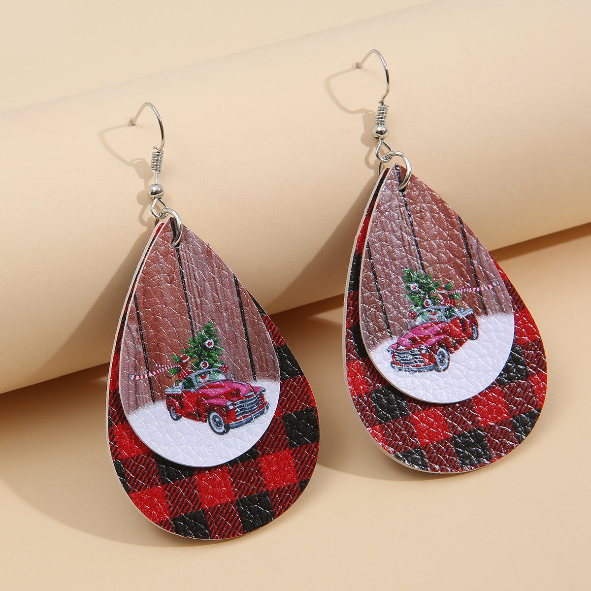 Faux Leather Plaid Teardrop Earrings - T - 2 COLORS -