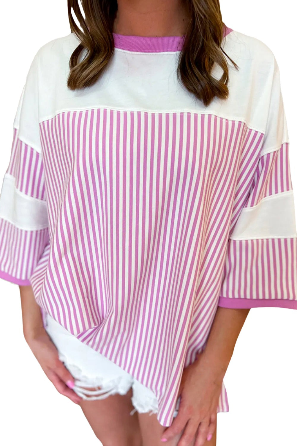 Striped Round Neck Three-Quarter Sleeve T-Shirt - T - 1 COLOR -