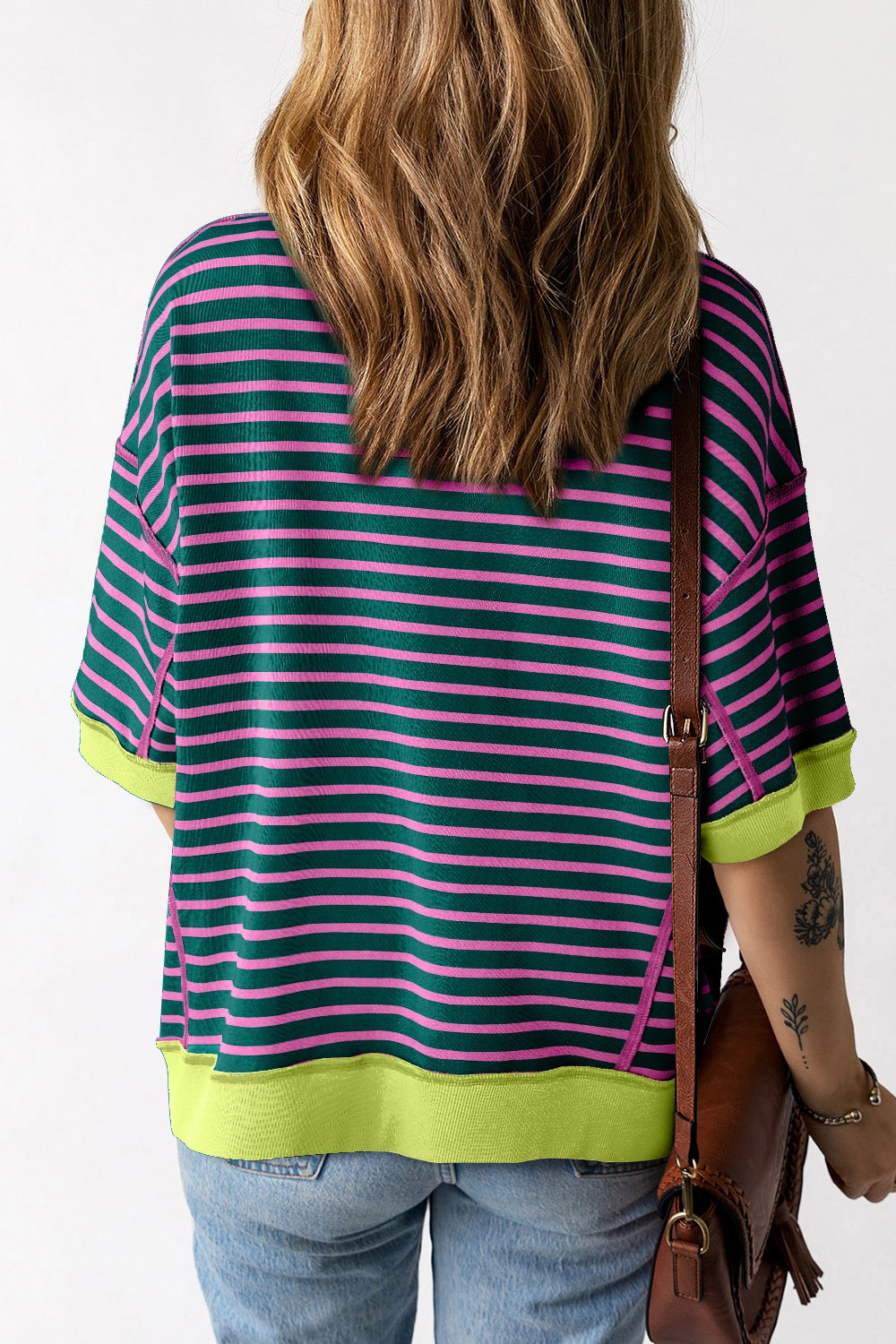 Striped Round Neck Half Sleeve T-Shirt - T - 1 COLOR -