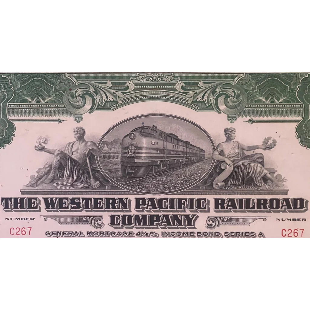 Antique Vintage 1945 Western Pacific Railroad Company Bond Certificate Green