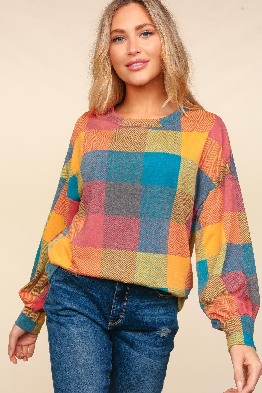 Haptics Round Neck Color Block Plaid Top - 3 SIZES - T - 1 MULTI COLOR -