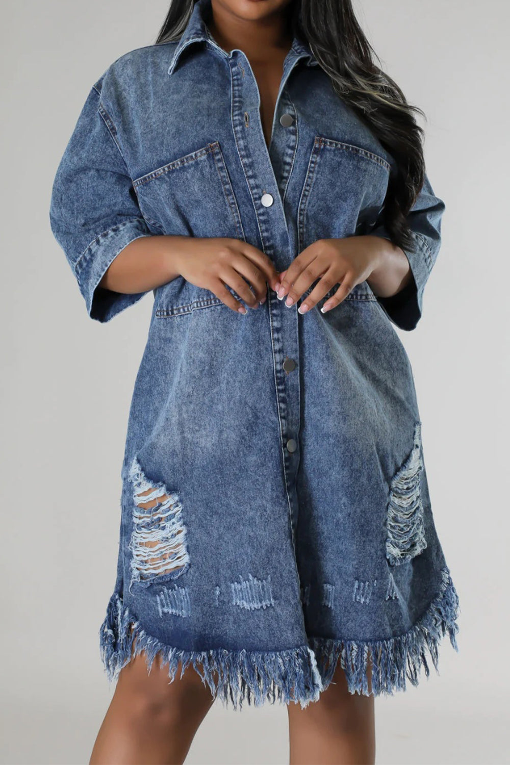 Distressed Raw Hem Button Up Denim Dress - T - LIGHT OR MEDIUM DENIM -