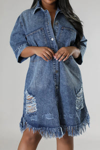 Thumbnail for Distressed Raw Hem Button Up Denim Dress - T - LIGHT OR MEDIUM DENIM -