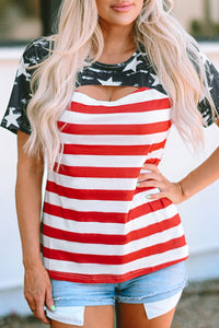 Thumbnail for Cutout Striped Round Neck Short Sleeve T-Shirt - T - 1 COLOR -