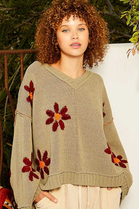 Thumbnail for POL V-Neck Floral Pattern Chenille Sweater - 3 SIZES - T - 1 COLOR -