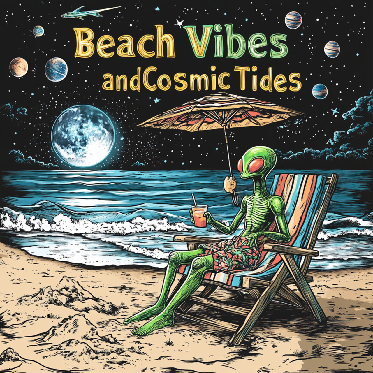 Beach VIbes and Cosmic Tides T-Shirt, Alien Tee, Beach T-Shirt - 2 COLORS -