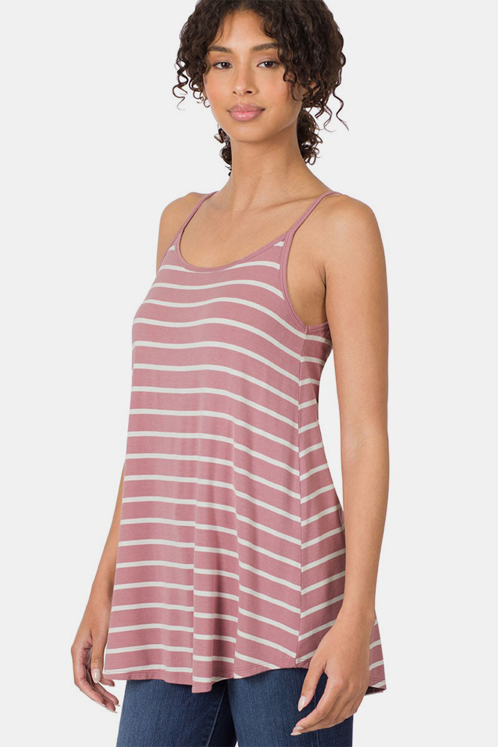 Zenana Striped Curved Hem Cami Tank - T - 1 COLOR -