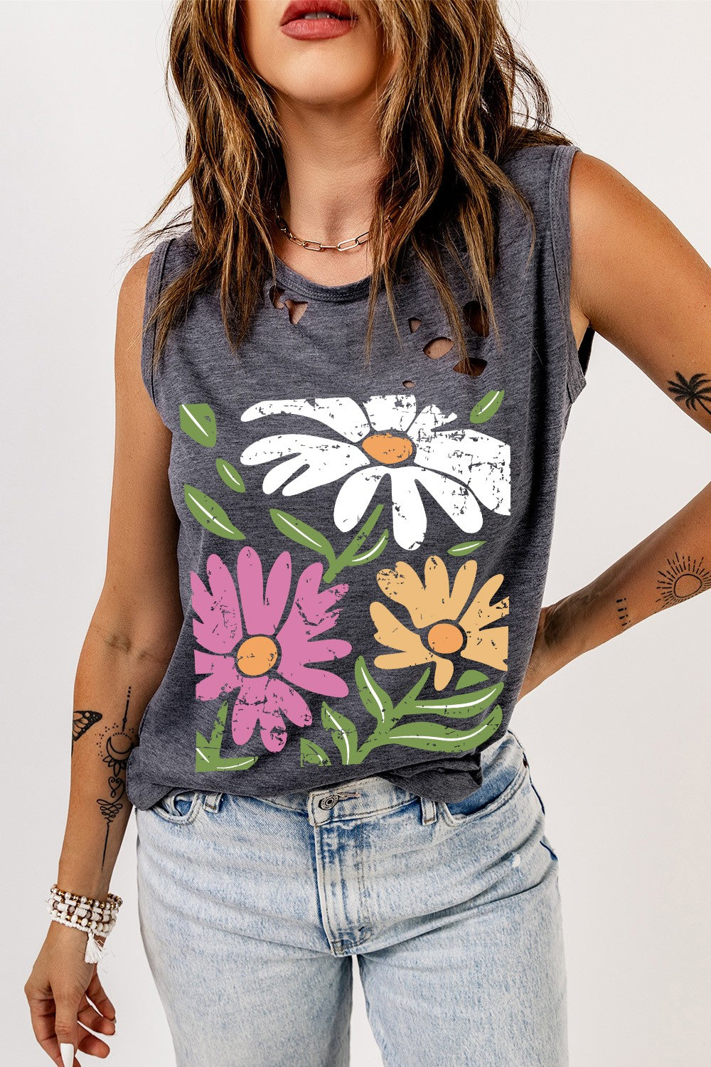 Distressed Graphic Round Neck Tank - T - 1 COLOR -