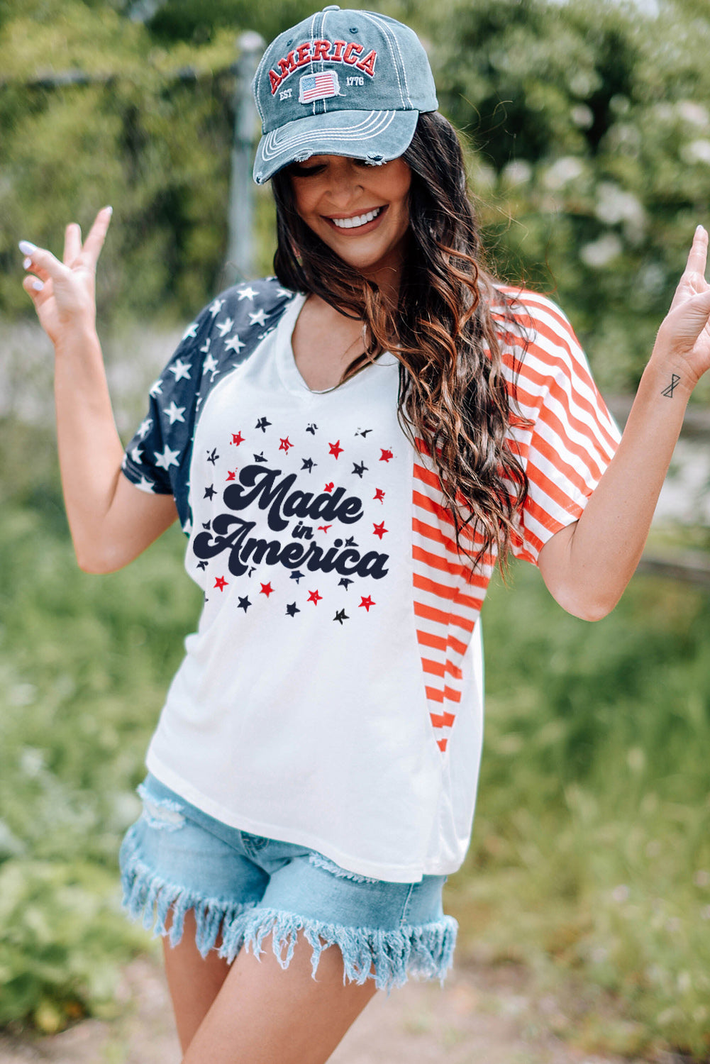 Stars and Stripes "Made in America" V-Neck Tee Shirt - T - 1 COLOR -