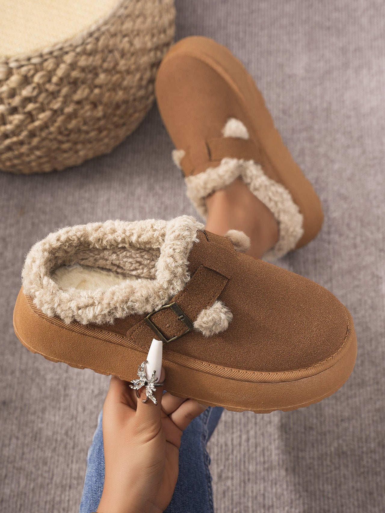 Thermal Fuzzy Buckle Platform Slippers - T - 3 COLORS -