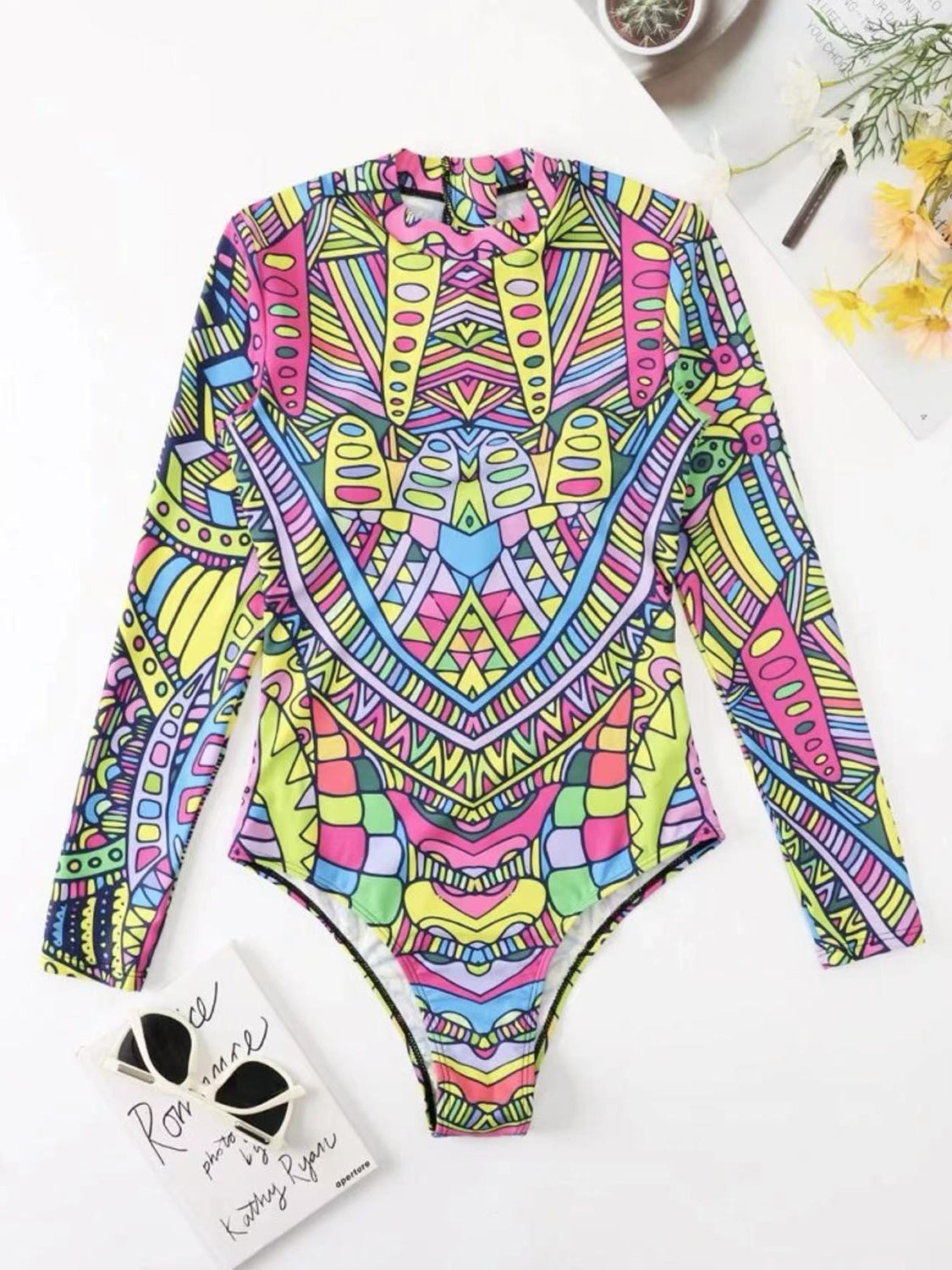 Mock Neck Long Sleeve One-Piece Swimwear - T - 1 MULTICOLOR -