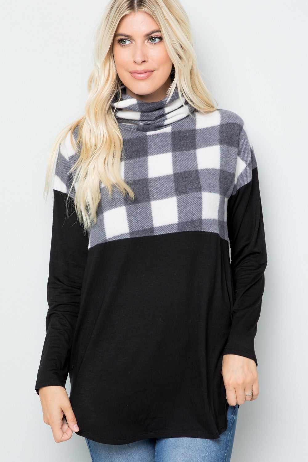 Celeste Pocketed Plaid Turtleneck Long Sleeve Blouse - T - 1 COLOR -