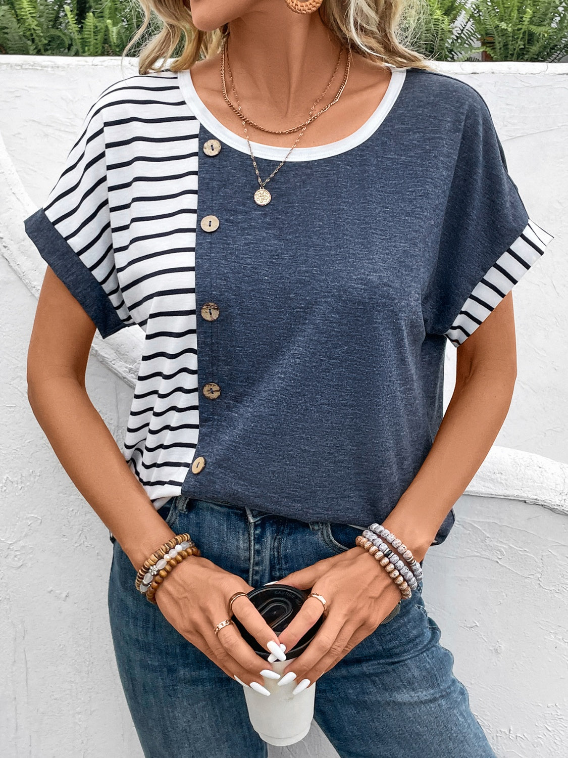 Decorative Button Striped Round Neck Short Sleeve Top - T - 1 COLOR -