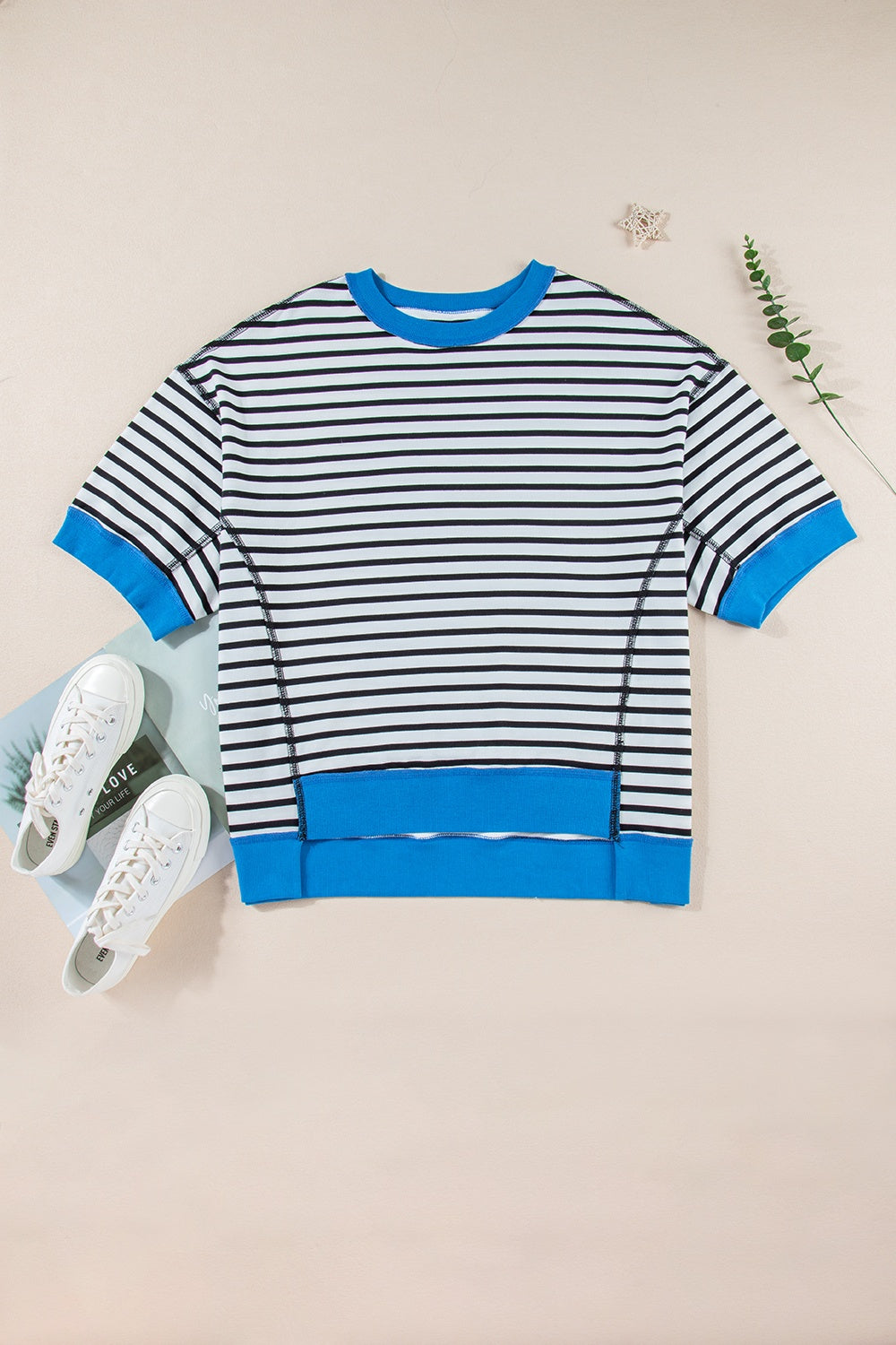 Striped Round Neck Half Sleeve T-Shirt - T - 1 COLOR -