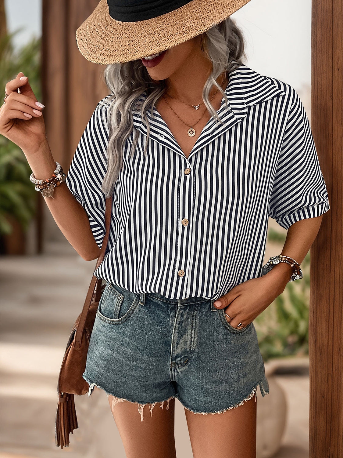 Striped Collared Neck Half Sleeve Shirt - M, L, XL ONLY - T - 1 COLOR -