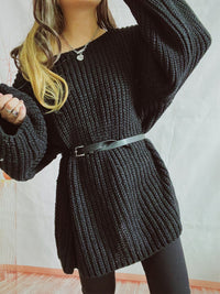 Thumbnail for Boat Neck Long Sleeve Sweater with Belt - 2 PCS. - 1 LARGE OVERSIZE - T - 5 COLORS -