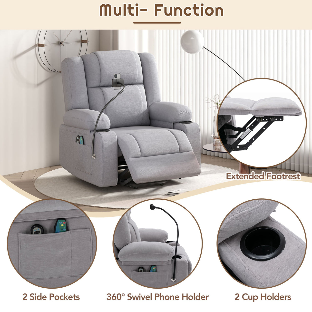 Power Lift Recliner Chair Electric Recliner for Elderly Recliner Chair With Massage and Heating Functions, Remote, Phone