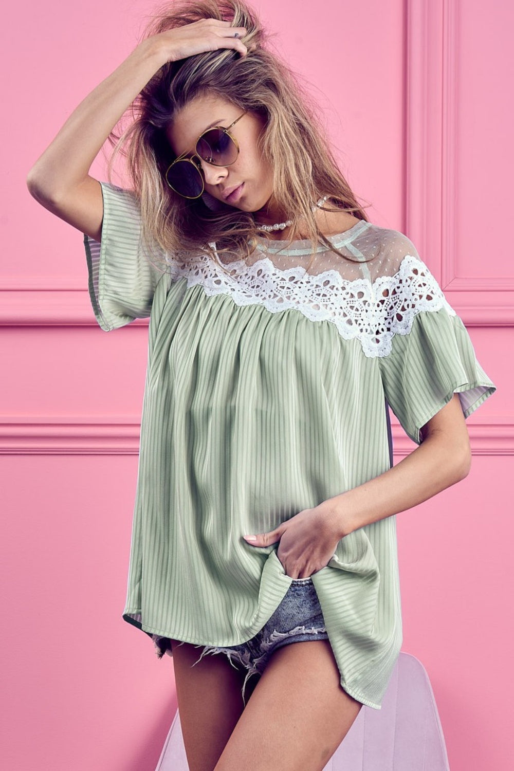 BiBi Lace Detail Short Sleeve Striped Blouse - T - 1 COLOR -