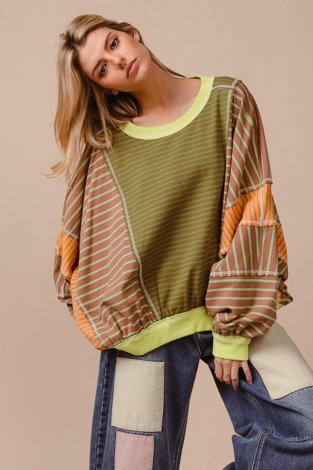 BiBi Color Block Striped Round Neck Sweatshirt - T - 1 COLOR -