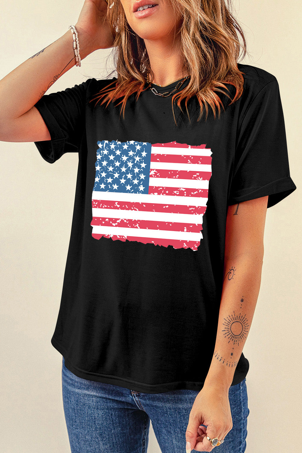 USA Flag Round Neck Short Sleeve T-Shirt - T - 1 COLOR -