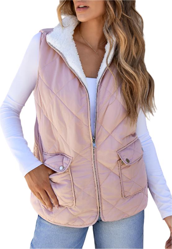 Fuzzy Zip Up Vest Coat with Pockets - T - 2 COLORS -