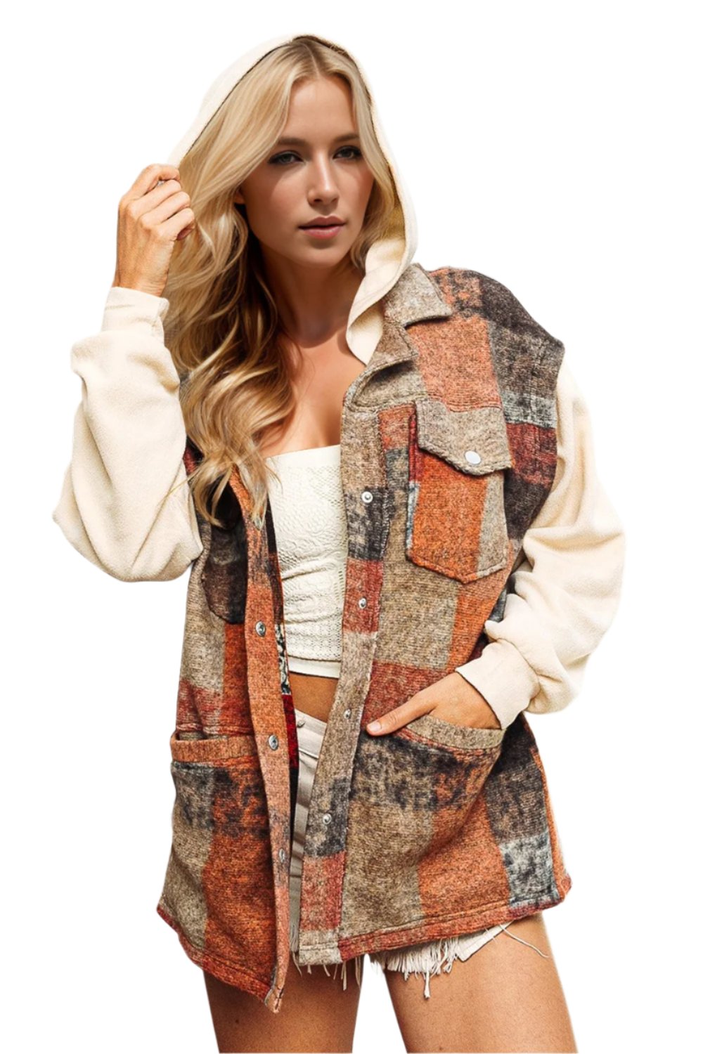 Double Take Contrast Long Sleeve Hooded Plaid Jacket - T - 1 COLOR -