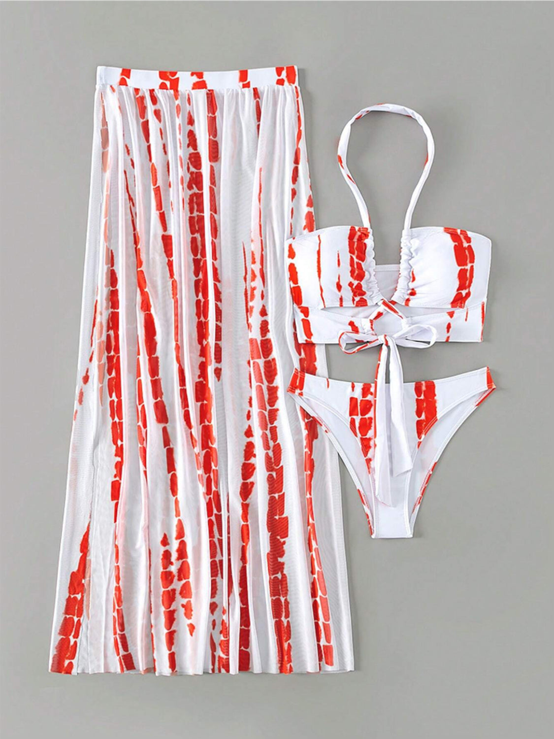 Printed Halter Neck Three-Piece Swim Set - 3 PCS. - T - 6 COLORS -