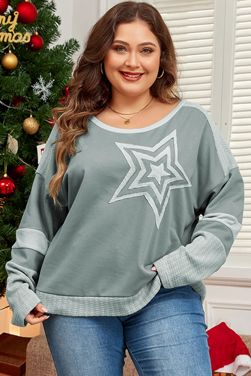 Plus Size Star Round Neck Long Sleeve Top - SIZES 1XL THRU 3XL ONLY - 1 COLOR -