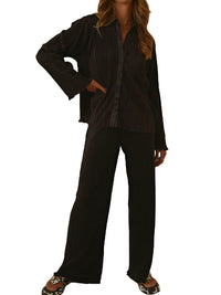 Thumbnail for Collared Neck Long Sleeve Top and Pants Lounge Set - T - 5 COLORS -