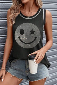 Thumbnail for Rhinestone Smile Face Round Neck Tank - T - 1 COLOR -